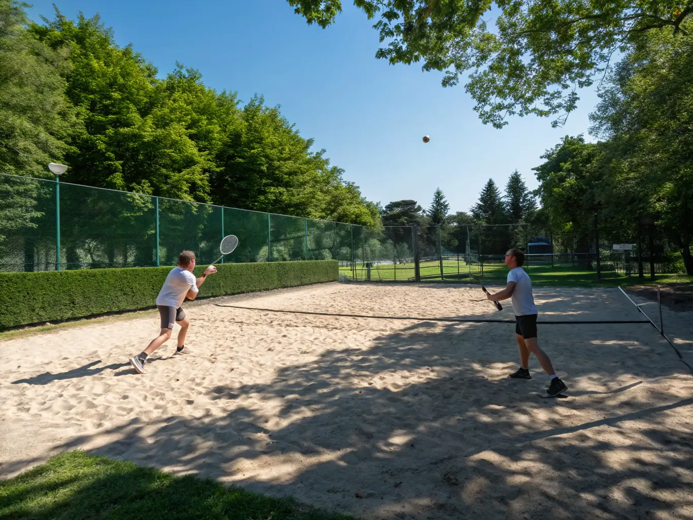 A photo of a tennis match in Deauville, showcasing the competitive spirit and skill of the players, with well-maintained courts and lush greenery in the background.