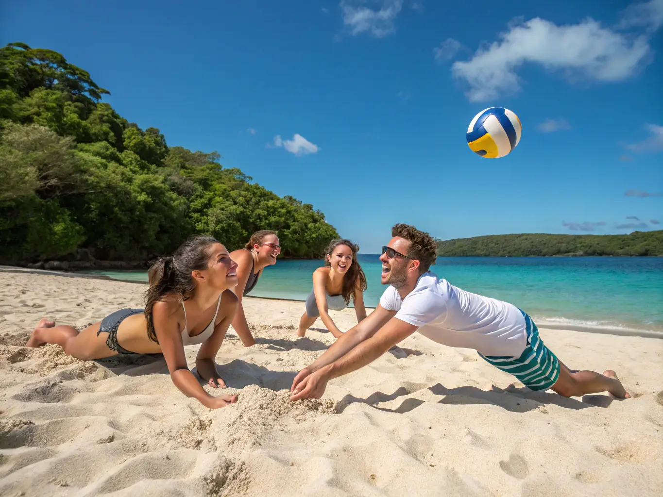 A dynamic image showing a group of people playing beach volleyball in Trouville, with the sea in the background, illustrating the fun and active lifestyle promoted by ASTD.