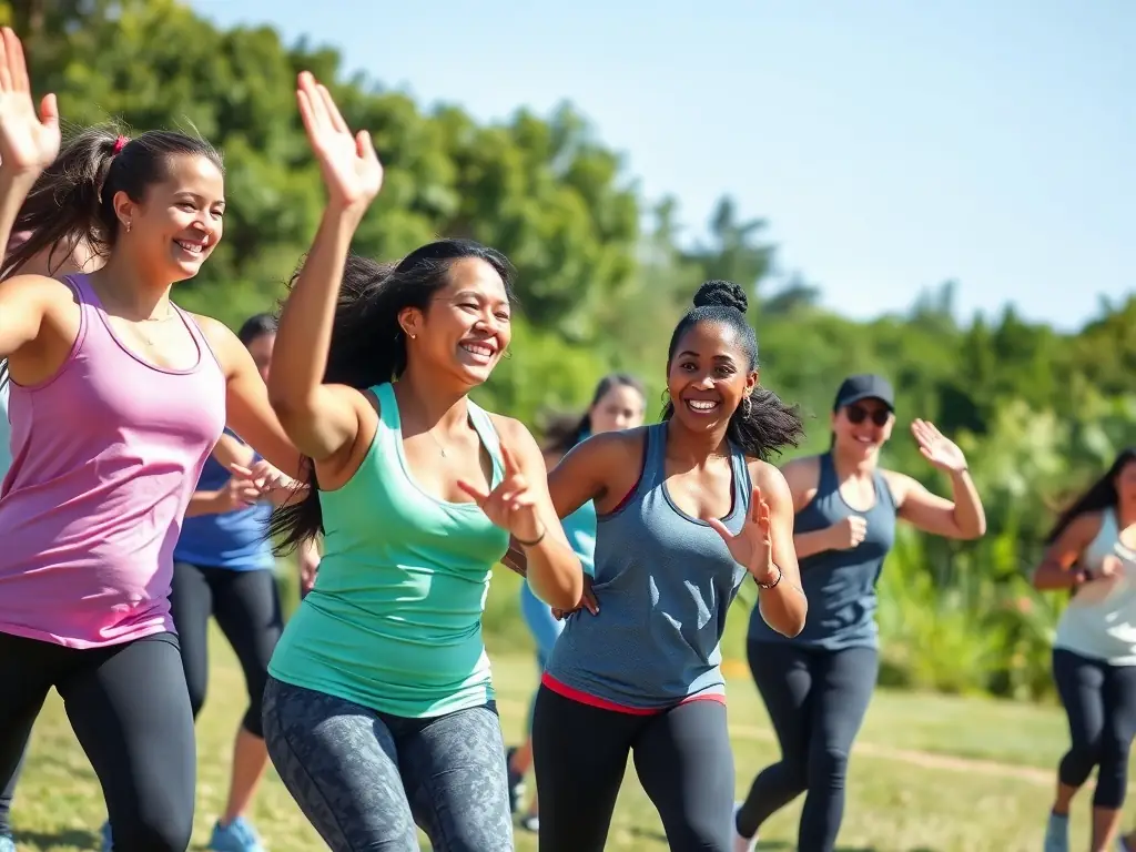 A group of people participating in a fitness class in a park in Deauville, with a focus on energy, enthusiasm, and the beautiful natural surroundings.
