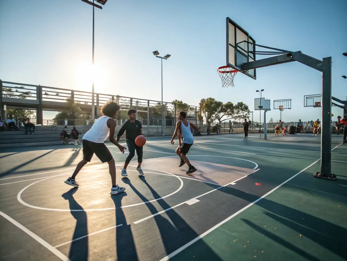 An action shot of basketball players during a game, emphasizing the teamwork and energy of the sport within the ASS SPORTIVE TROUVILLE-DEAUVILLE (ASTD).