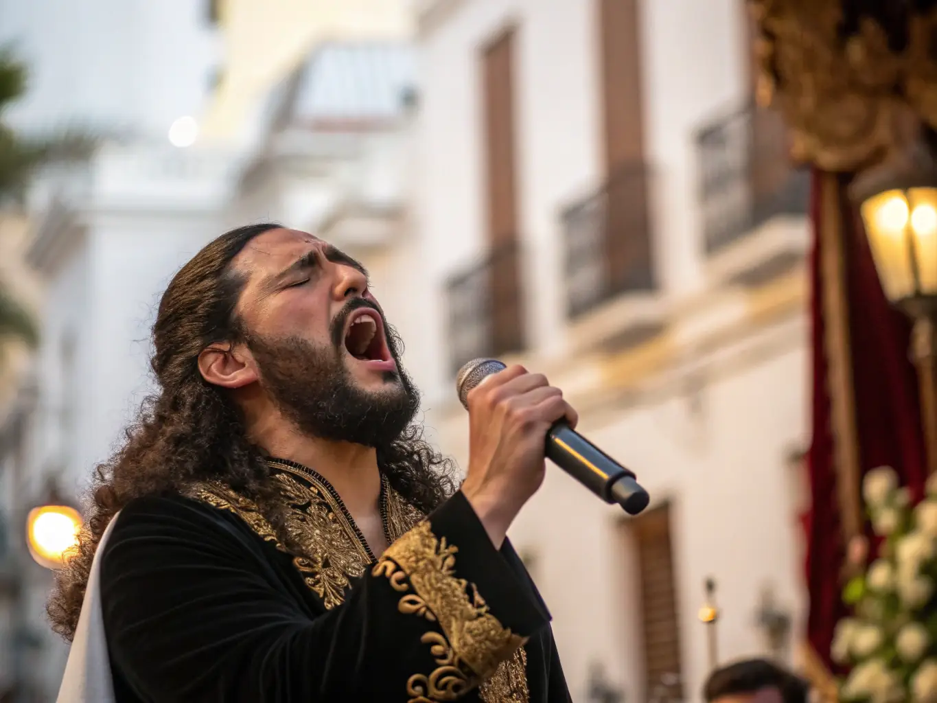 A flamenco singer with a deep, emotive expression, performing with intense passion.