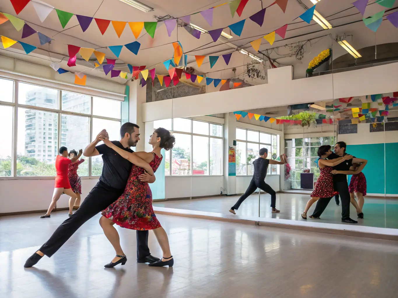 A vibrant image of a flamenco workshop in progress, with participants of various ages learning basic steps from an instructor. The setting is a brightly lit studio with traditional Spanish decor.
