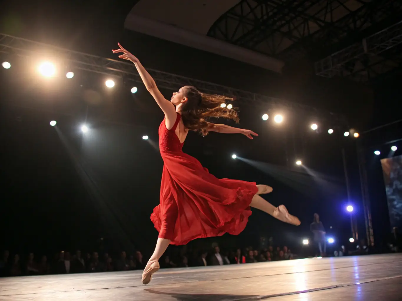 A woman in a red dress performing a passionate flamenco dance with a fan.