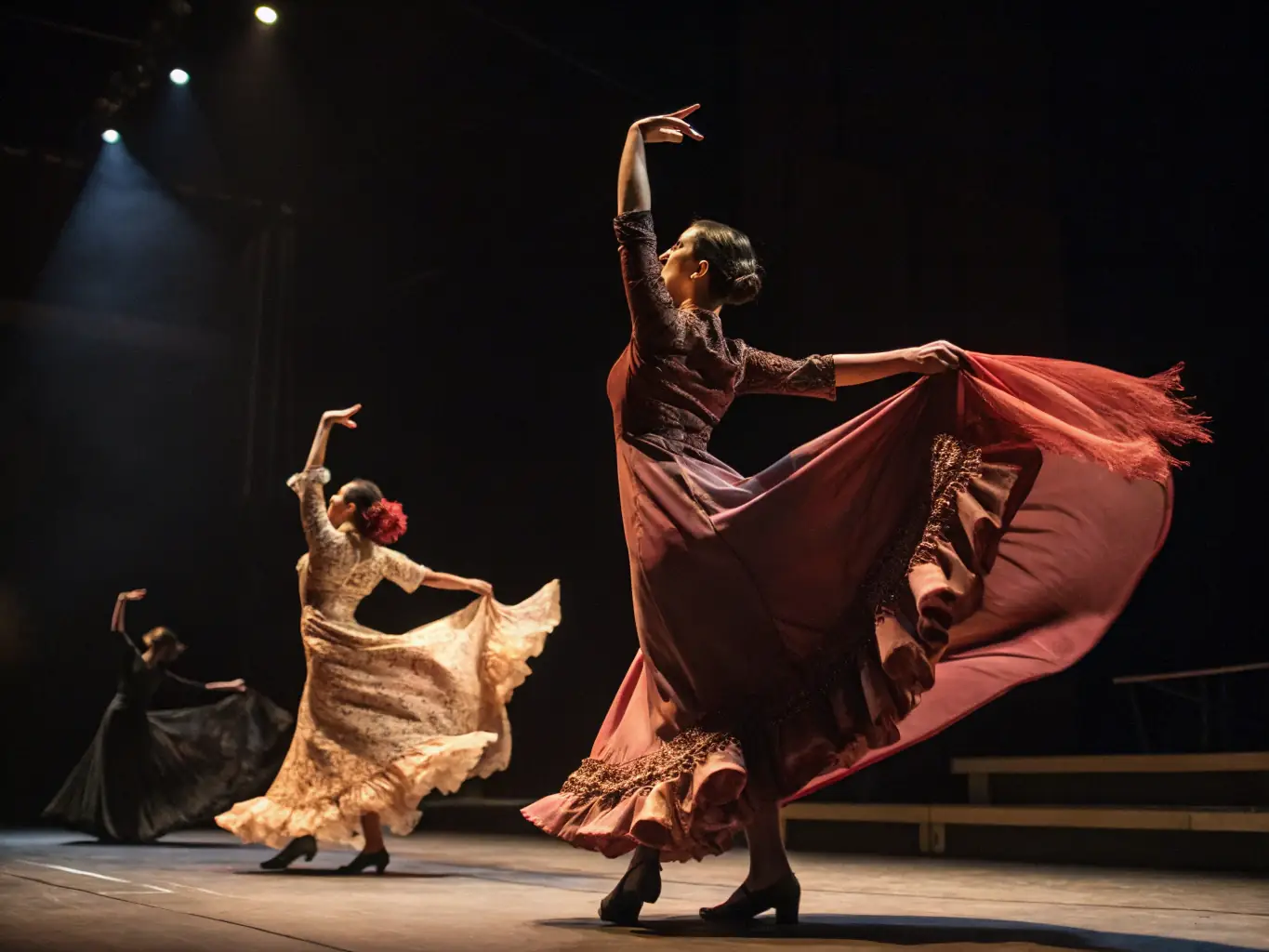 A photograph capturing the energy of a live flamenco performance, featuring a dancer in traditional attire, a guitarist, and a singer. The lighting is dramatic, highlighting the passion and intensity of the performance.