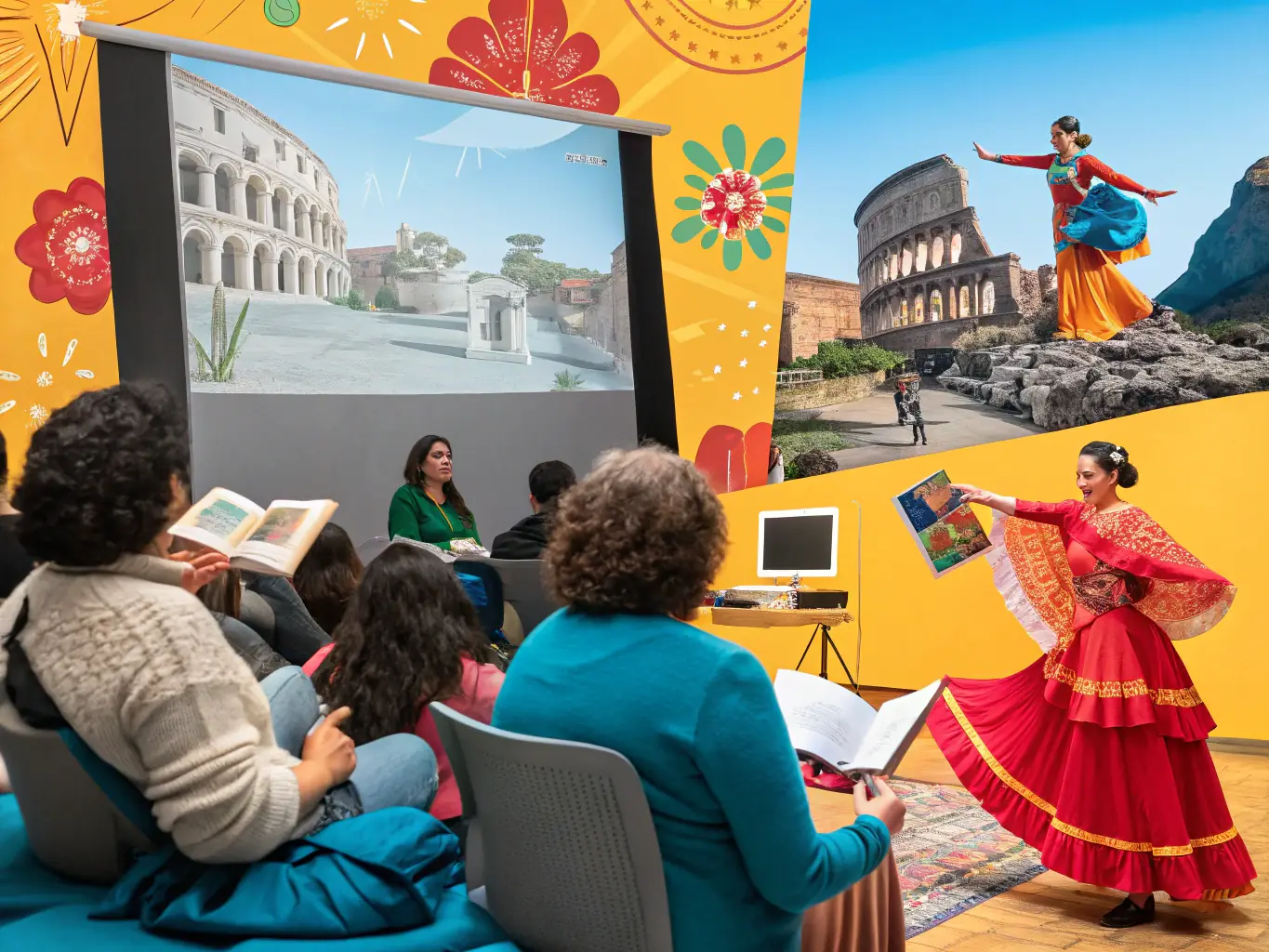 A group of people participating in a flamenco-themed cultural event, such as a lecture, film screening, or community gathering. The atmosphere is engaging and educational, fostering a deeper understanding of flamenco culture.