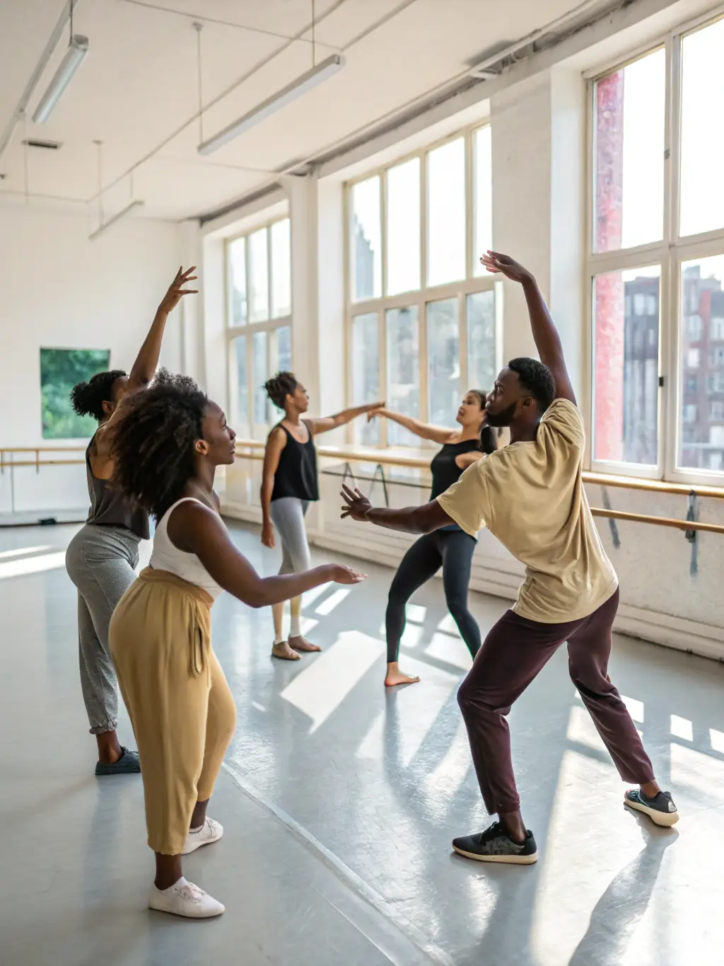 A vibrant photograph capturing a flamenco dance workshop in progress, with participants of varying skill levels engaged in learning the basic steps and movements, showcasing the inclusive nature of A Palo Seco's educational programs.