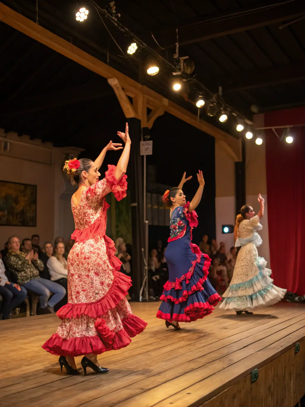 A dynamic image of a live flamenco performance organized by A Palo Seco, featuring professional dancers and musicians on stage, conveying the energy and artistry of flamenco to a captivated audience.