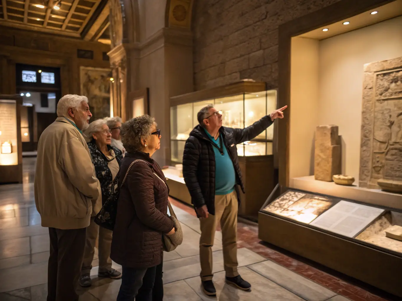 A photograph of a guided tour group inside the museum, listening attentively to the guide as they explain the historical significance of an artifact or exhibit.