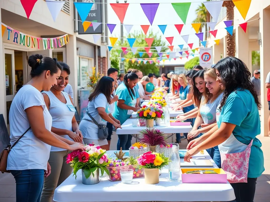 A vibrant image depicting volunteers assisting at a local community event organized by ASSOCIATION BLEU CIEL ORGANISATION, showcasing teamwork and community spirit.