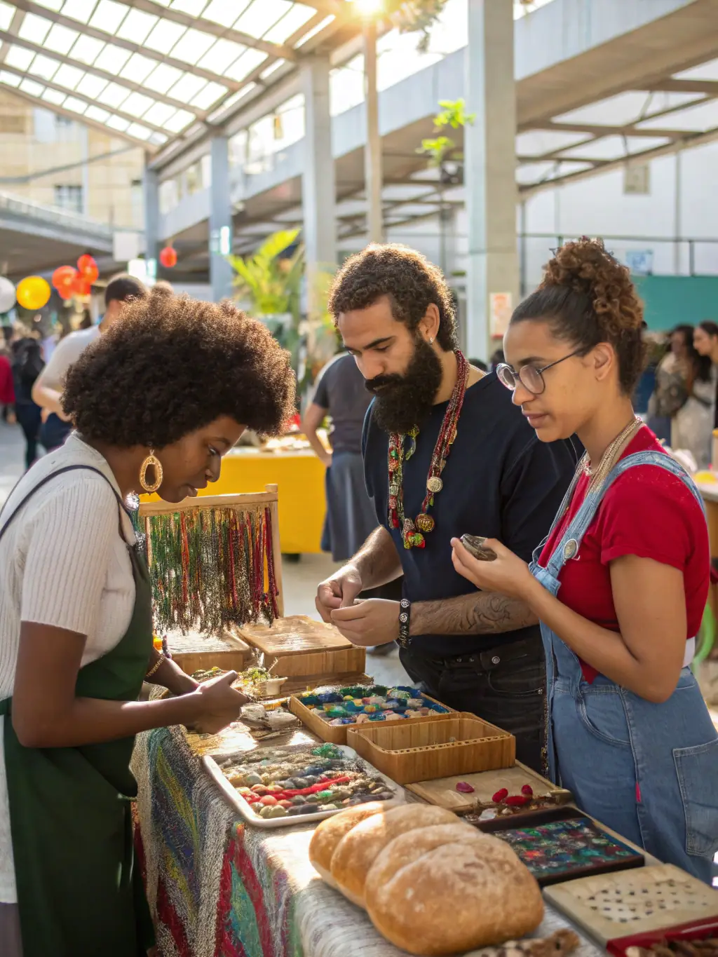 A photograph of local entrepreneurs showcasing their products at a community market event supported by ASSOCIATION BLEU CIEL ORGANISATION, highlighting economic empowerment.