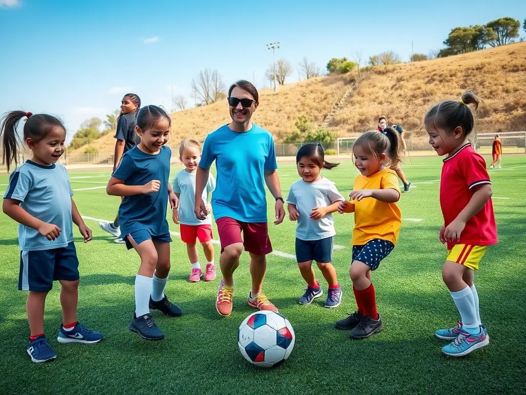 A vibrant image of young children, aged 6-7, participating in a fun, introductory football session, with colorful cones and enthusiastic coaches.