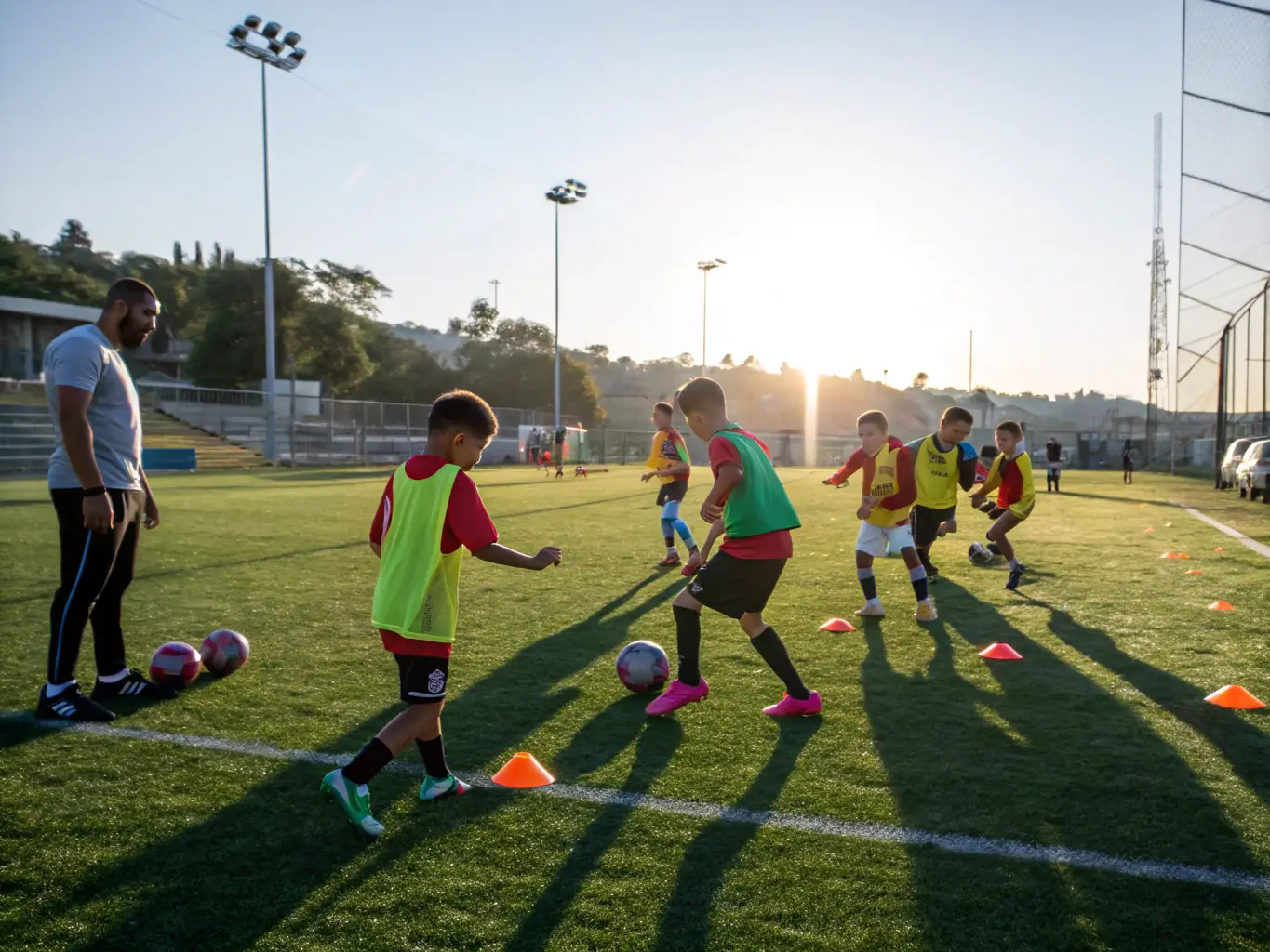 A dynamic image of teenage players, aged 14-16, engaged in a competitive football match, showcasing their skills and teamwork.